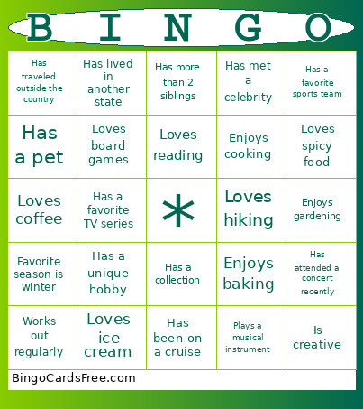 Getting To Know You Bingo Card