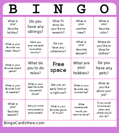 Getting To Know You Bingo Card
