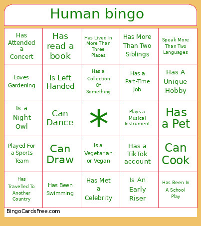 Getting To Know You Bingo Card