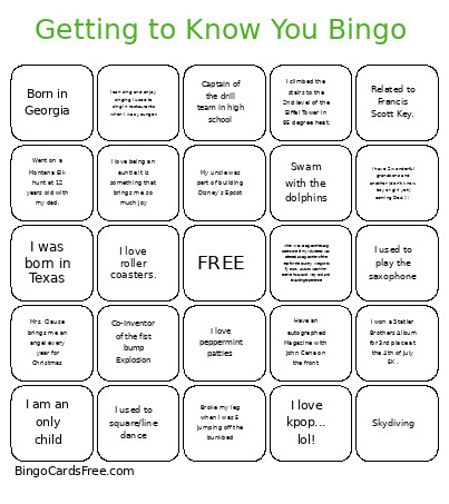 Getting To Know You Bingo Card