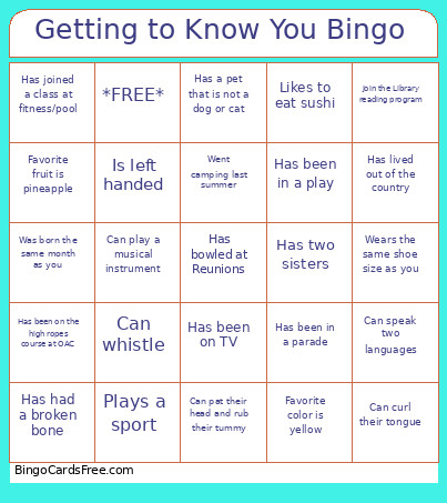 Getting To Know You Bingo Card