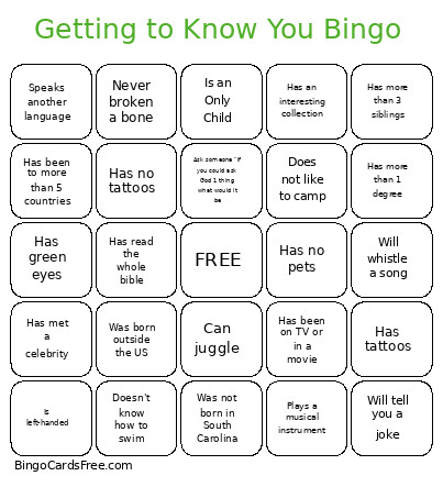 Getting To Know You Bingo Card 2