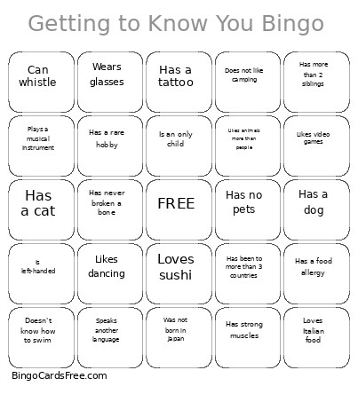 Getting To Know You Bingo Card
