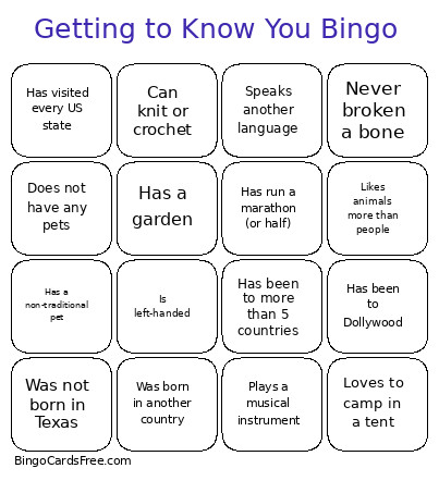 Getting To Know You Bingo Card