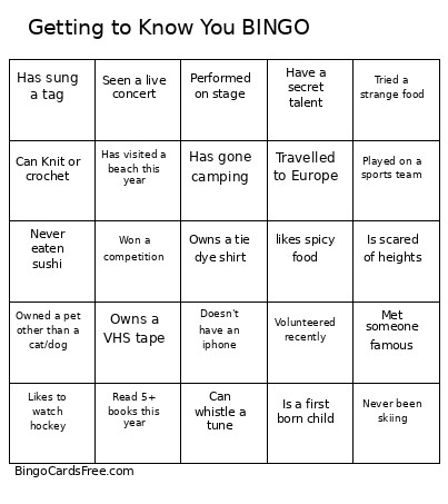 Getting To Know You Bingo Card