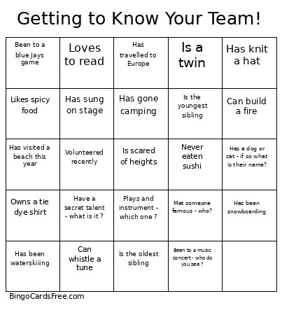 Getting To Know Your Team! Bingo Card