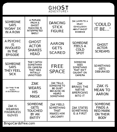 Ghost Adventures Bingo Card