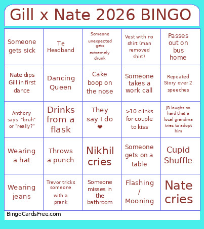 Gill X Nate 2026 Bingo Card