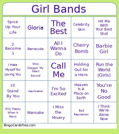 Girl Bands Bingo Card