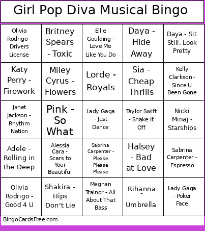 Girl Pop Diva Musical Bingo Card