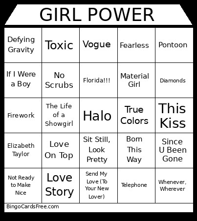 Girl Power Music Bingo Card