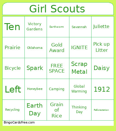 Girl Scout Volunteer Appreciation Bingo Card