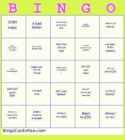 Girls Bingo Card