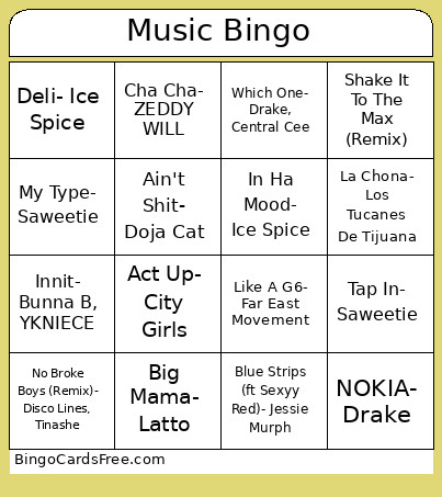 Girls Night Music Bingo Card