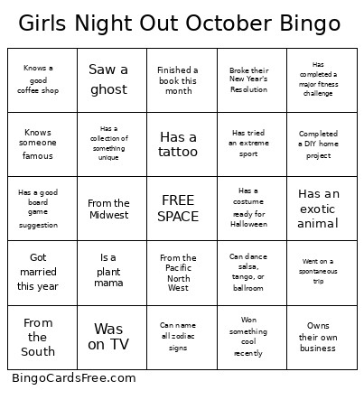 Girls Night Out October Bingo Card