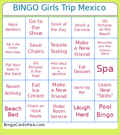 Girls Trip To Mexico - Bingo Card