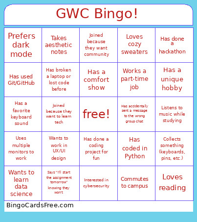 Girls Who Code Bingo Card