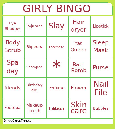 Girly Bingo Card