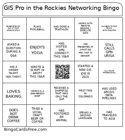GIS Pro In The Rockies Networking Bingo Card