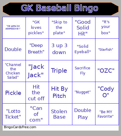 GK Baseball Bingo Card