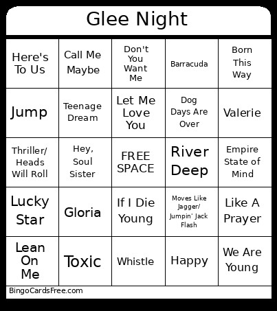 Glee Night Bingo Card