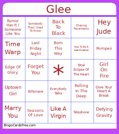 Glee Songs Bingo Card