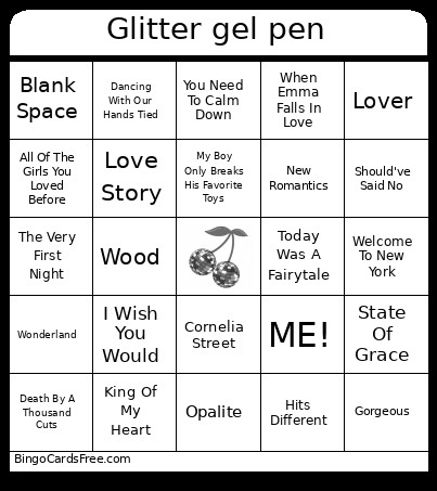 Glitter Gel Pen Bingo Card
