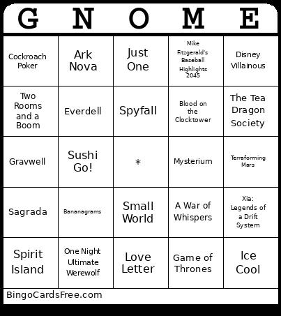 Gnome Bingo Card