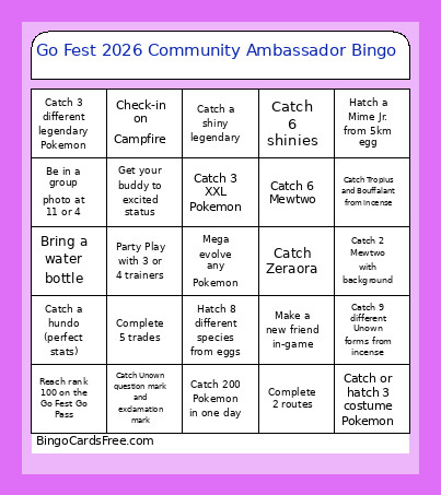 Go Fest 2026 Community Ambassador Bingo Card
