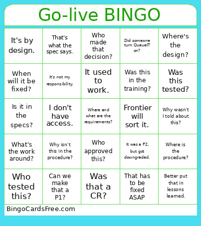 Go-live Bingo Card
