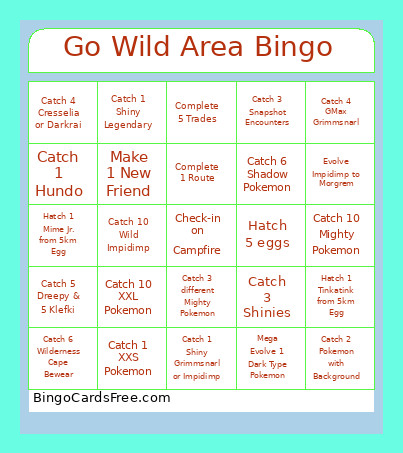 Go Wild Area Bingo Card