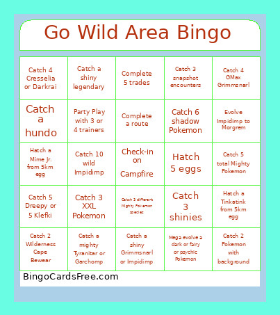Go Wild Area Bingo Card