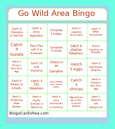 Go Wild Area Bingo Card