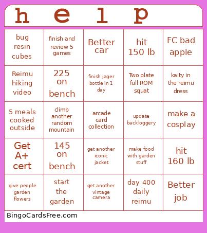 Goal List Bingo Card