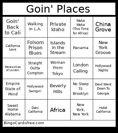 Goin' Places Bingo Card