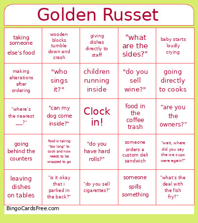 Golden Russet Bingo Card