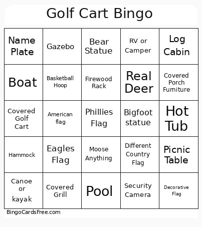 Golf Cart Bingo Card