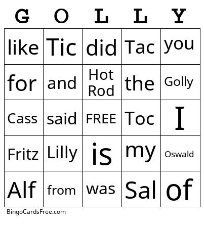 Golly Bingo Cards Free Pdf Printable Game, Title: GOLLY