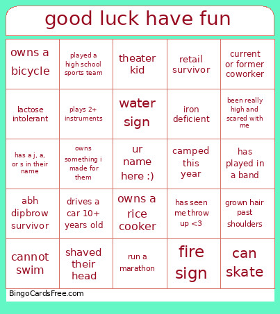 Good Luck Have Fun Bingo Card
