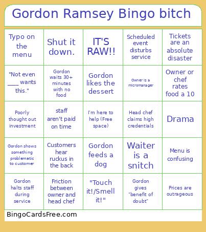 Kitchen Nightmares Bingo Cards