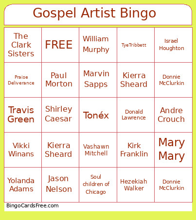Gospel Artist Bingo Card