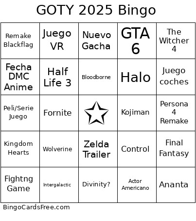 GOTY 2025 Bingo Card