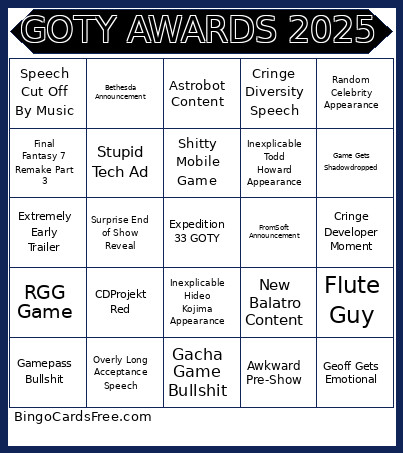 GOTY AWARDS 2025 Bingo Card