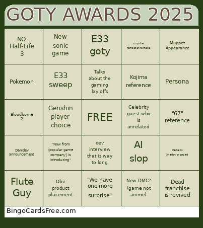 GOTY AWARDS 2025 Bingo Card
