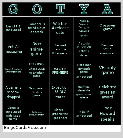 GOTYA Bingo Card