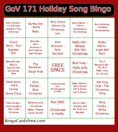 GoV 171 Holiday Song Bingo Card