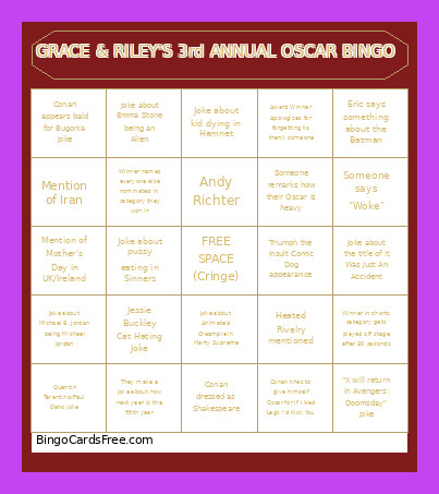 GRACE & RILEY'S 3rd ANNUAL OSCAR Bingo Card