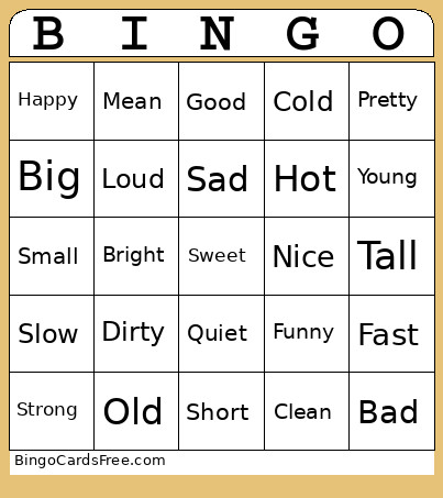 Grade 1 - Adjectives Bingo Card
