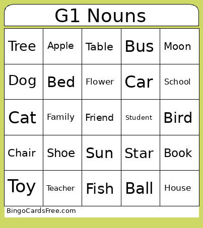 Grade 1 English - Nouns Bingo Card