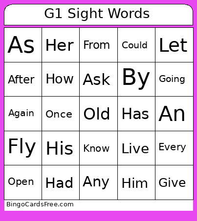 Grade 1 English - Sight Words Bingo Card